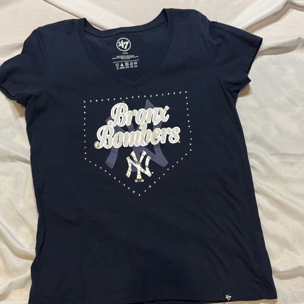 47 Navy Bronx Bombers Rhinestone V-Neck Tee